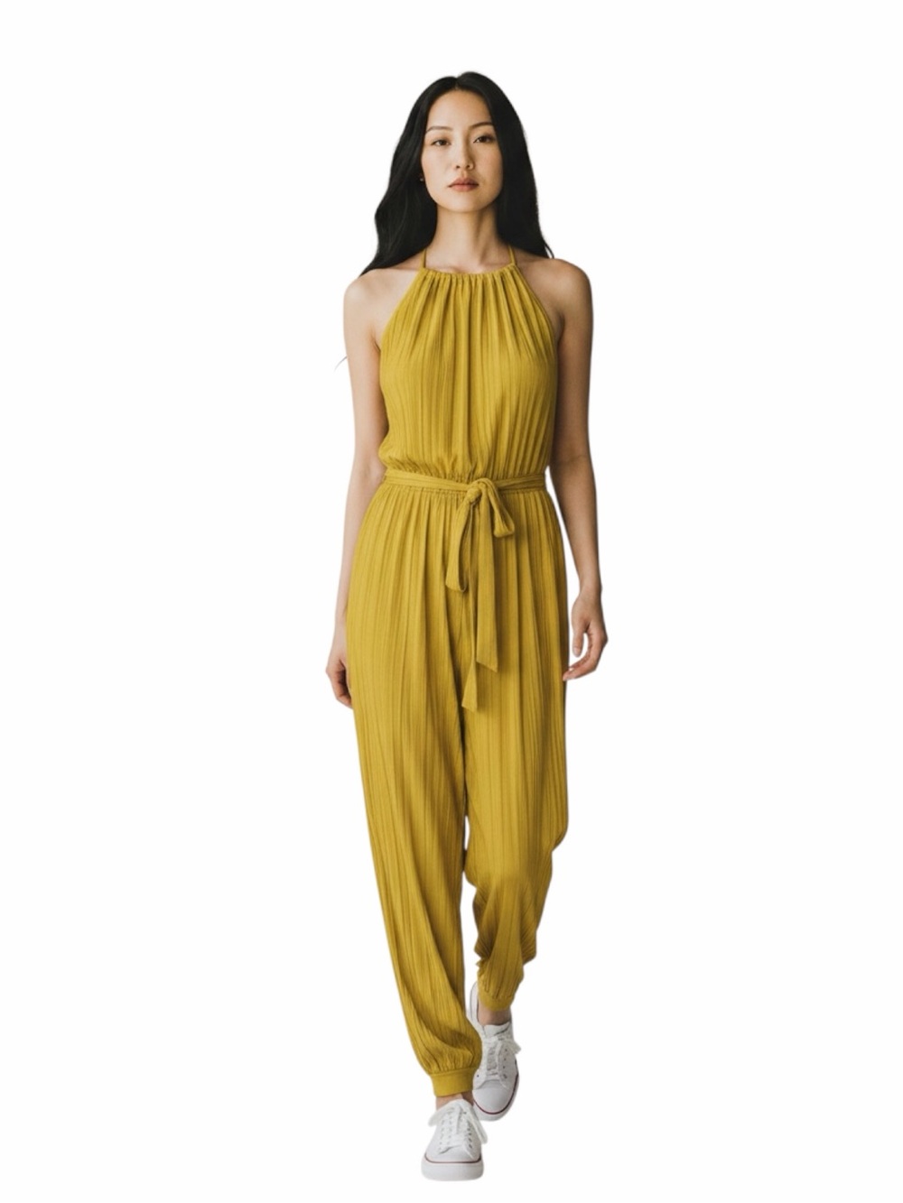 Cherie Los Angeles Yellow Halter Jumpsuit Side Slit Tie Waist Women's Medium M